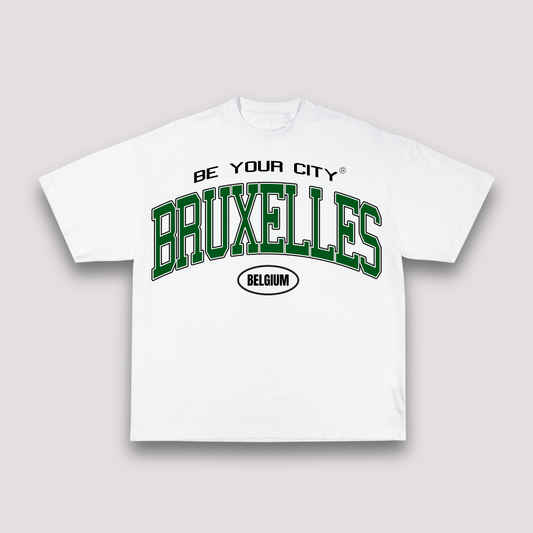 T-shirt Blanc & Vert Oversize Bruxelles V8 | 100% Coton Bio Premium