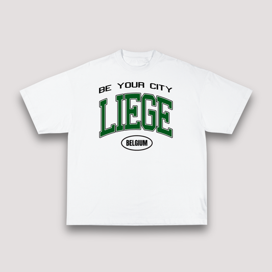 T-shirt Blanc & Vert Oversize Liège V8 | 100% Coton Bio Premium