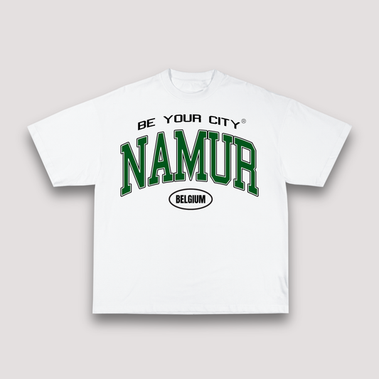 T-shirt Blanc & Vert Oversize Namur V8 | 100% Coton Bio Premium