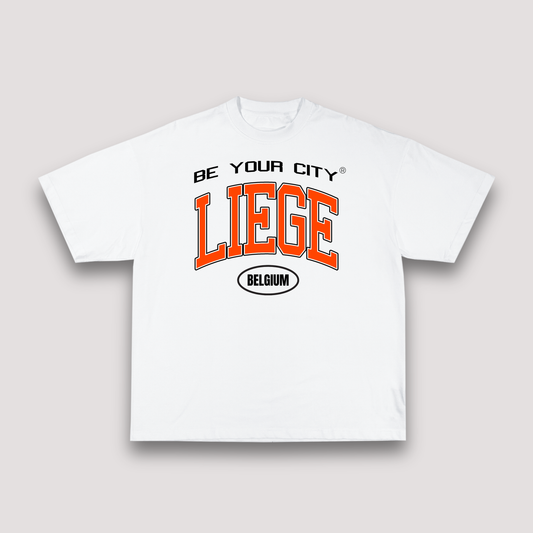 T-shirt Blanc & Orange Oversize Liège V8 | 100% Coton Bio Premium