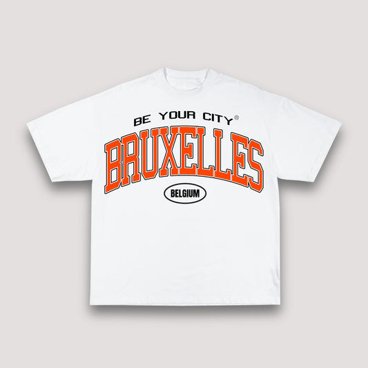 T-shirt Blanc & Orange Oversize Bruxelles V8 | 100% Coton Bio Premium