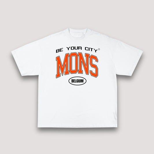 T-shirt Blanc & Orange Oversize Mons V8 | 100% Coton Bio Premium