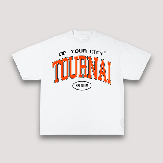 T-shirt Blanc & Orange Oversize Tournai V8 | 100% Coton Bio Premium