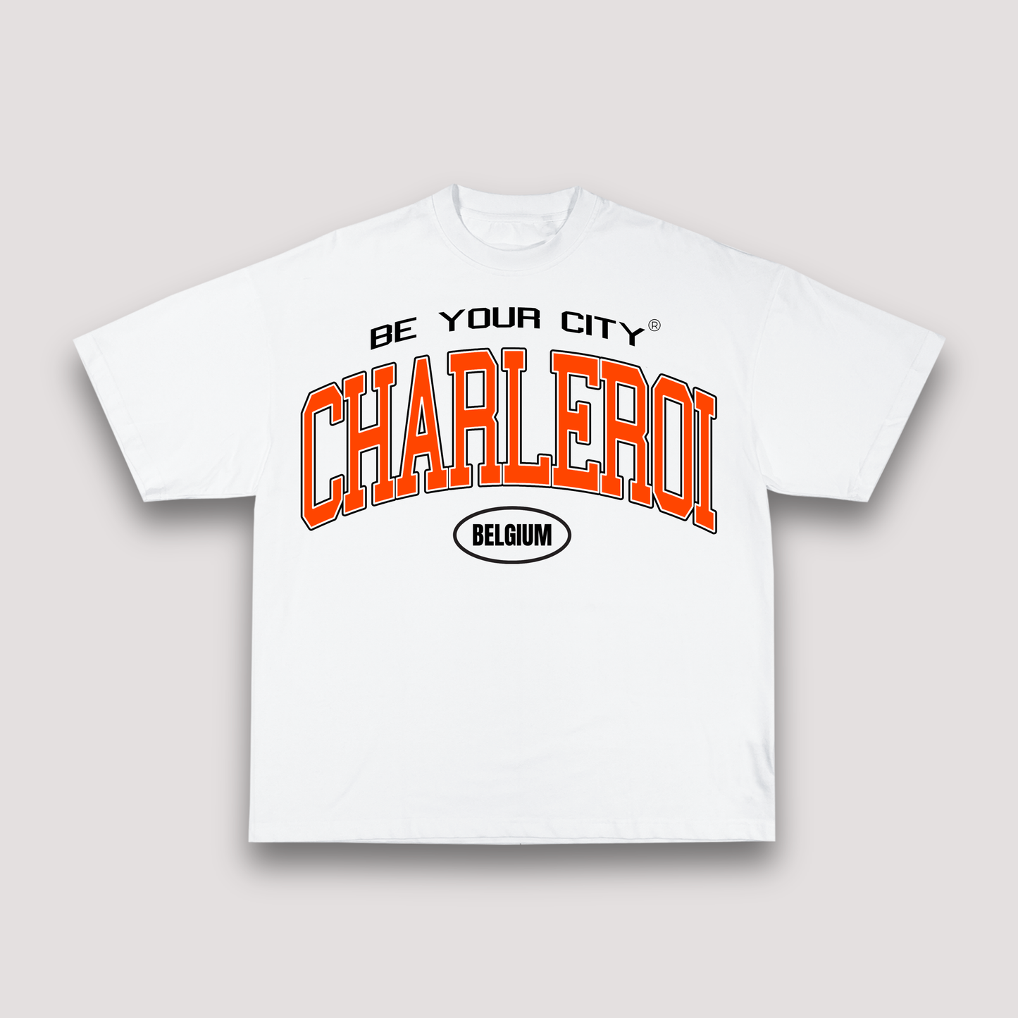 T-shirt Blanc & Orange Oversize Charleroi V8 | 100% Coton Bio Premium