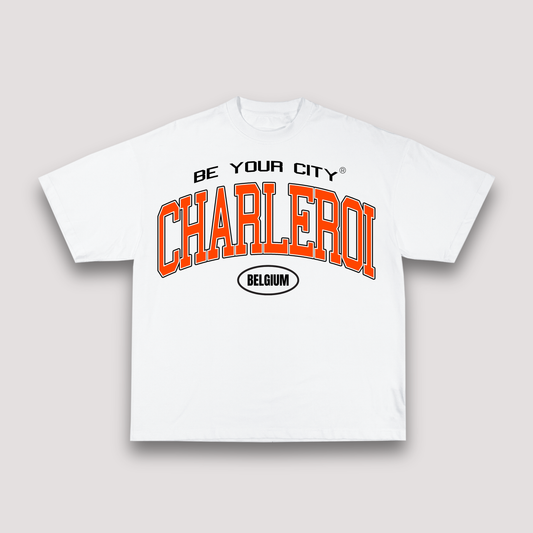 T-shirt Blanc & Orange Oversize Charleroi V8 | 100% Coton Bio Premium