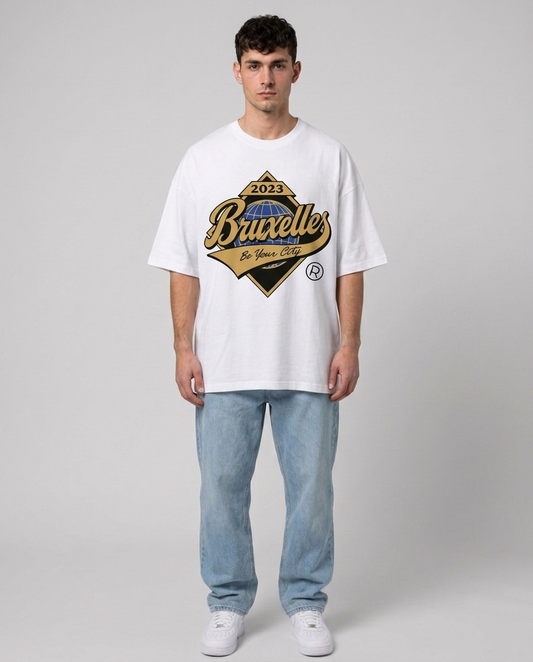 T-shirt Blanc Oversize Bruxelles World | 100% Coton Bio Premium