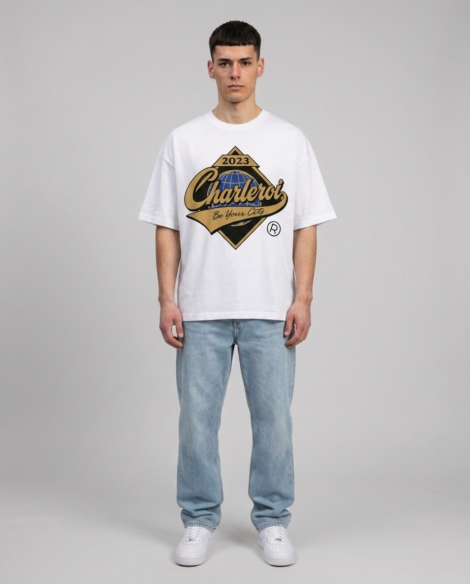 T-shirt Blanc Oversize Charleroi World | 100% Coton Bio Premium