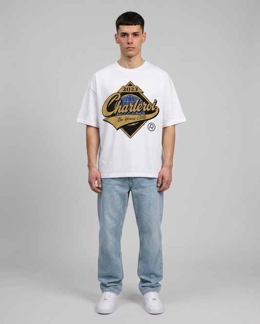 T-shirt Blanc Oversize Charleroi World | 100% Coton Bio Premium