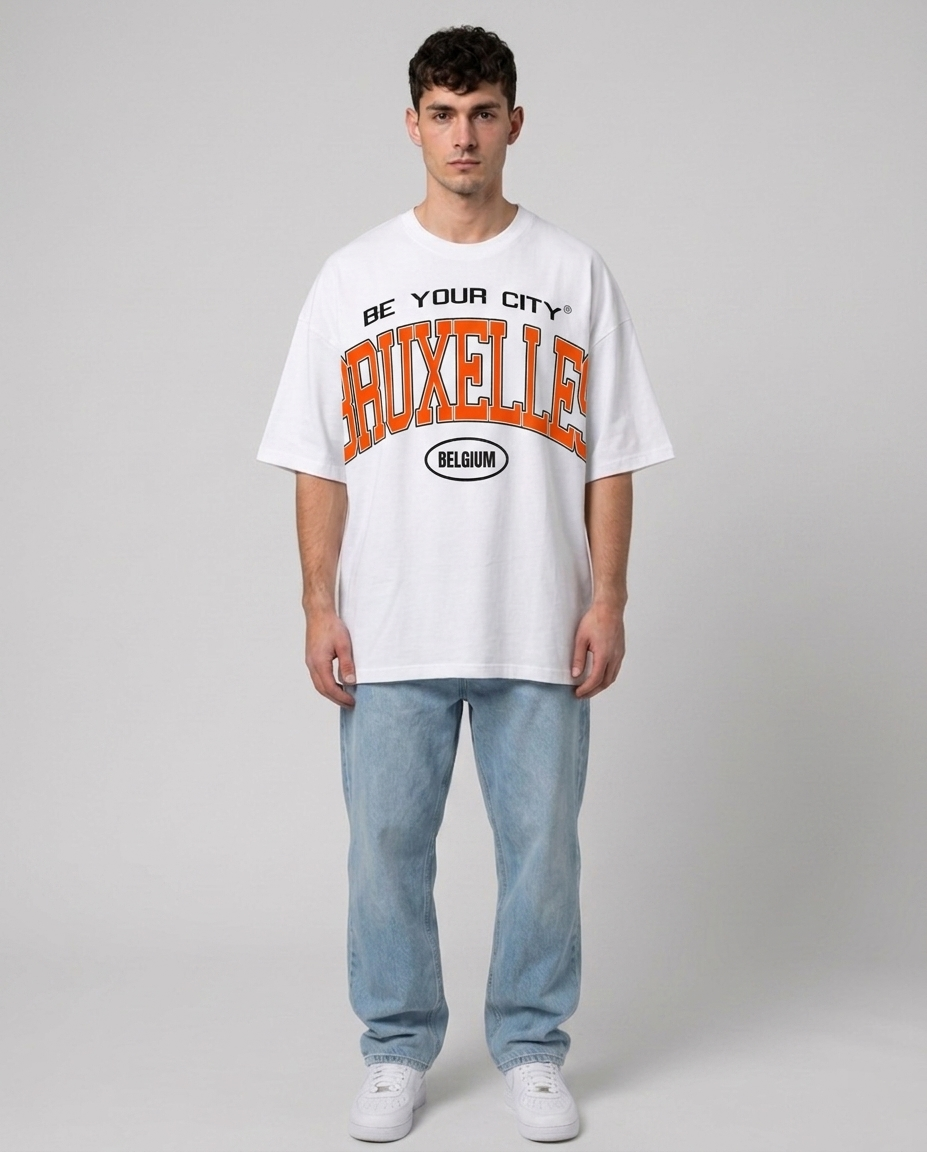 T-shirt Blanc & Orange Oversize Bruxelles V8 | 100% Coton Bio Premium