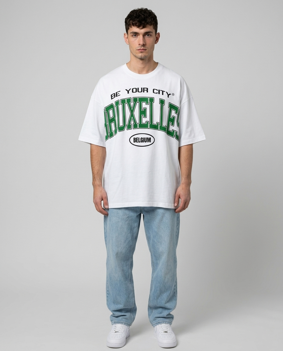 T-shirt Blanc & Vert Oversize Bruxelles V8 | 100% Coton Bio Premium