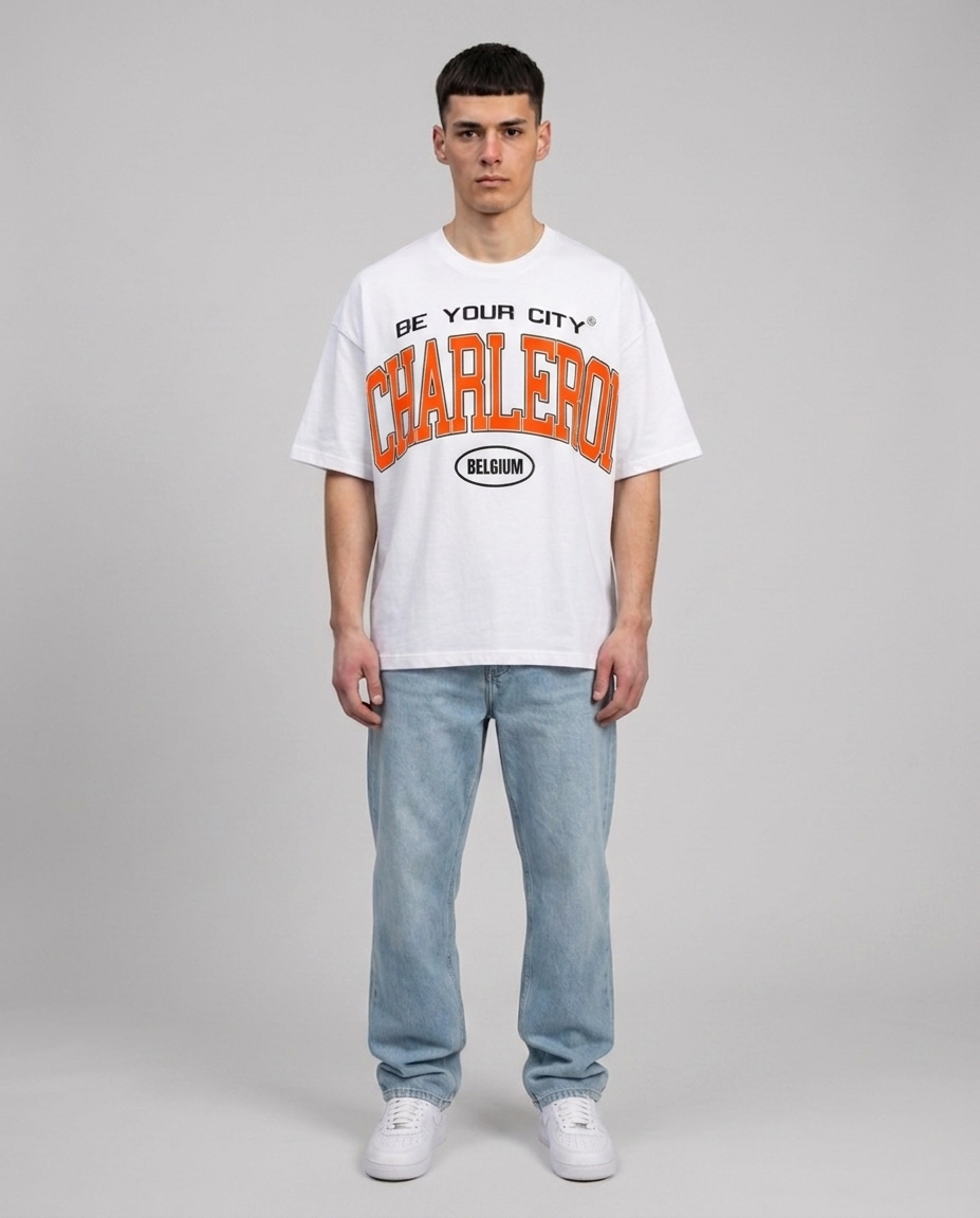 T-shirt Blanc & Orange Oversize Charleroi V8 | 100% Coton Bio Premium