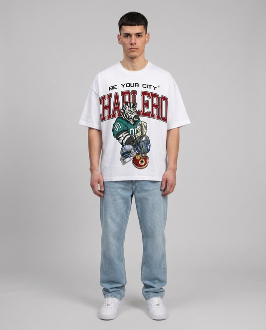 T-shirt Blanc & Rouge Oversize Charleroi NFL | 100% Coton Bio Premium