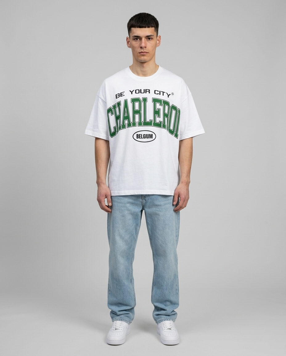 T-shirt Blanc & Vert Oversize Charleroi V8 | 100% Coton Bio Premium