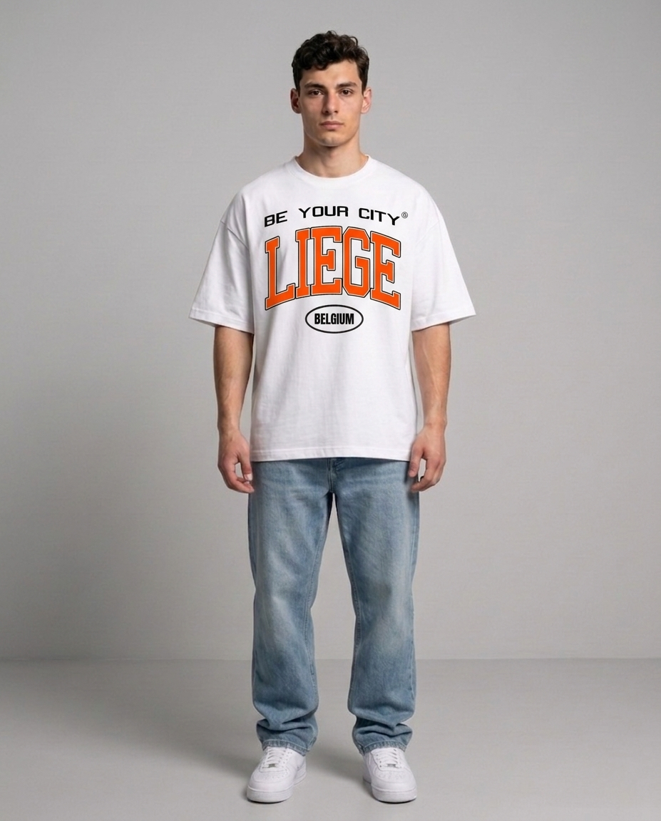 T-shirt Blanc & Orange Oversize Liège V8 | 100% Coton Bio Premium