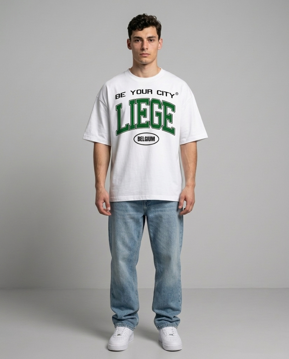 T-shirt Blanc & Vert Oversize Liège V8 | 100% Coton Bio Premium