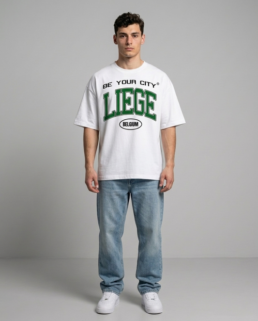 T-shirt Blanc & Vert Oversize Liège V8 | 100% Coton Bio Premium