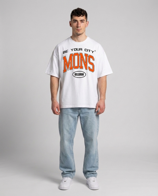 T-shirt Blanc & Orange Oversize Mons V8 | 100% Coton Bio Premium