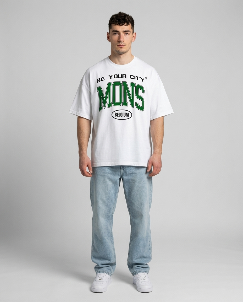 T-shirt Blanc & Vert Oversize Mons V8 | 100% Coton Bio Premium