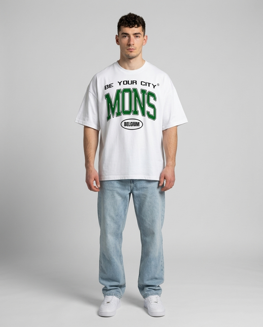T-shirt Blanc & Vert Oversize Mons V8 | 100% Coton Bio Premium