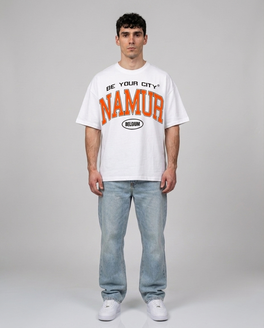 T-shirt Blanc & Orange Oversize Namur V8 | 100% Coton Bio Premium