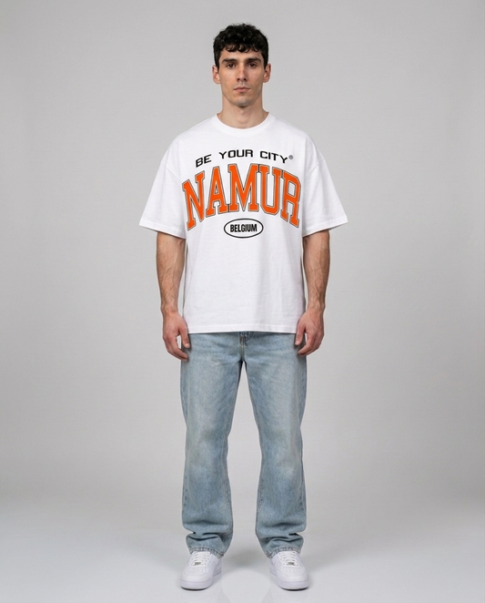 T-shirt Blanc & Orange Oversize Namur V8 | 100% Coton Bio Premium