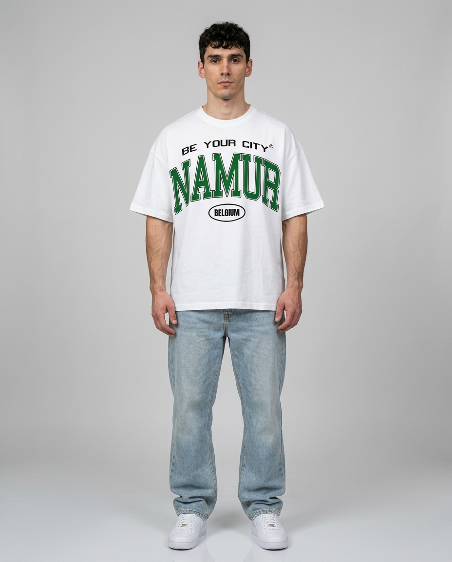 T-shirt Blanc & Vert Oversize Namur V8 | 100% Coton Bio Premium