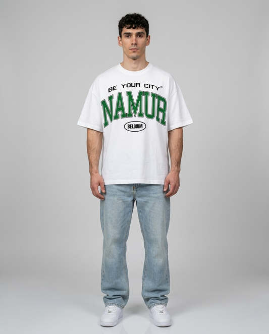 T-shirt Blanc & Vert Oversize Namur V8 | 100% Coton Bio Premium