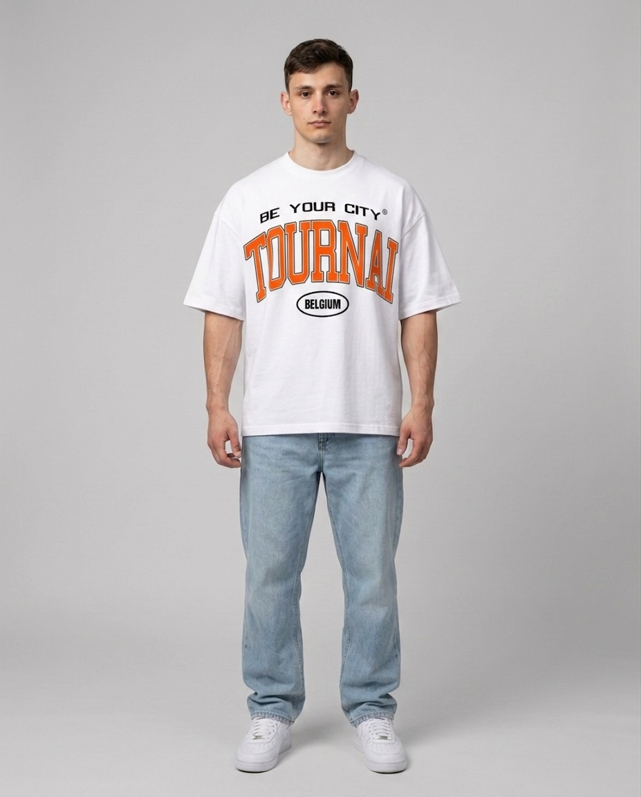 T-shirt Blanc & Orange Oversize Tournai V8 | 100% Coton Bio Premium