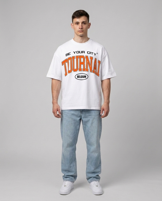 T-shirt Blanc & Orange Oversize Tournai V8 | 100% Coton Bio Premium