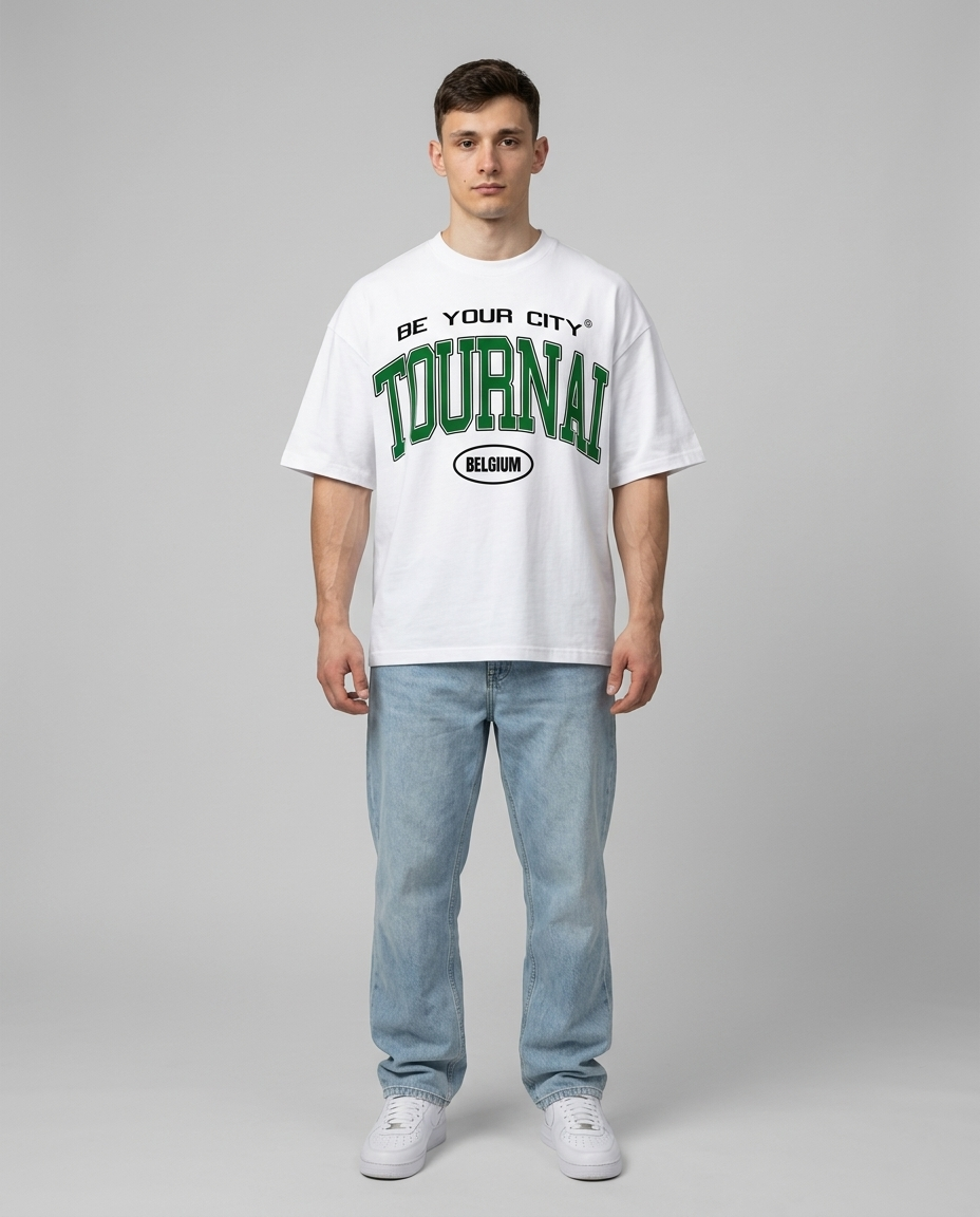 T-shirt Blanc & Vert Oversize Tournai V8 | 100% Coton Bio Premium