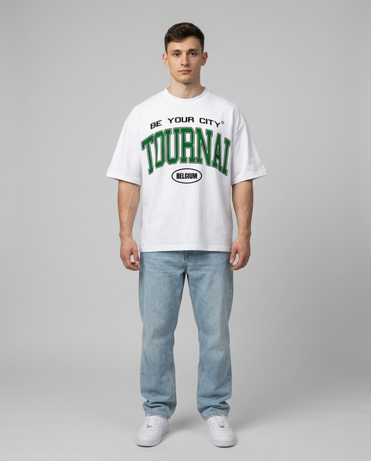 T-shirt Blanc & Vert Oversize Tournai V8 | 100% Coton Bio Premium